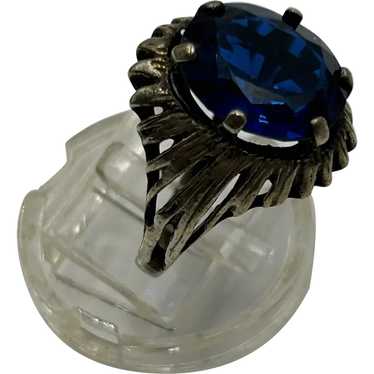 Old Vintage Blue Glass Ring Size 6.5 Raised Desig… - image 1