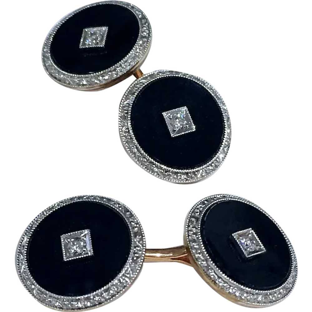 Antique Art Deco Diamond Onyx Platinum 14K Gold C… - image 1