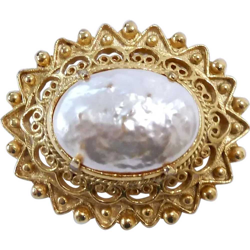 Impressive Domed Brooch with Large Faux Mabe Pear… - image 1