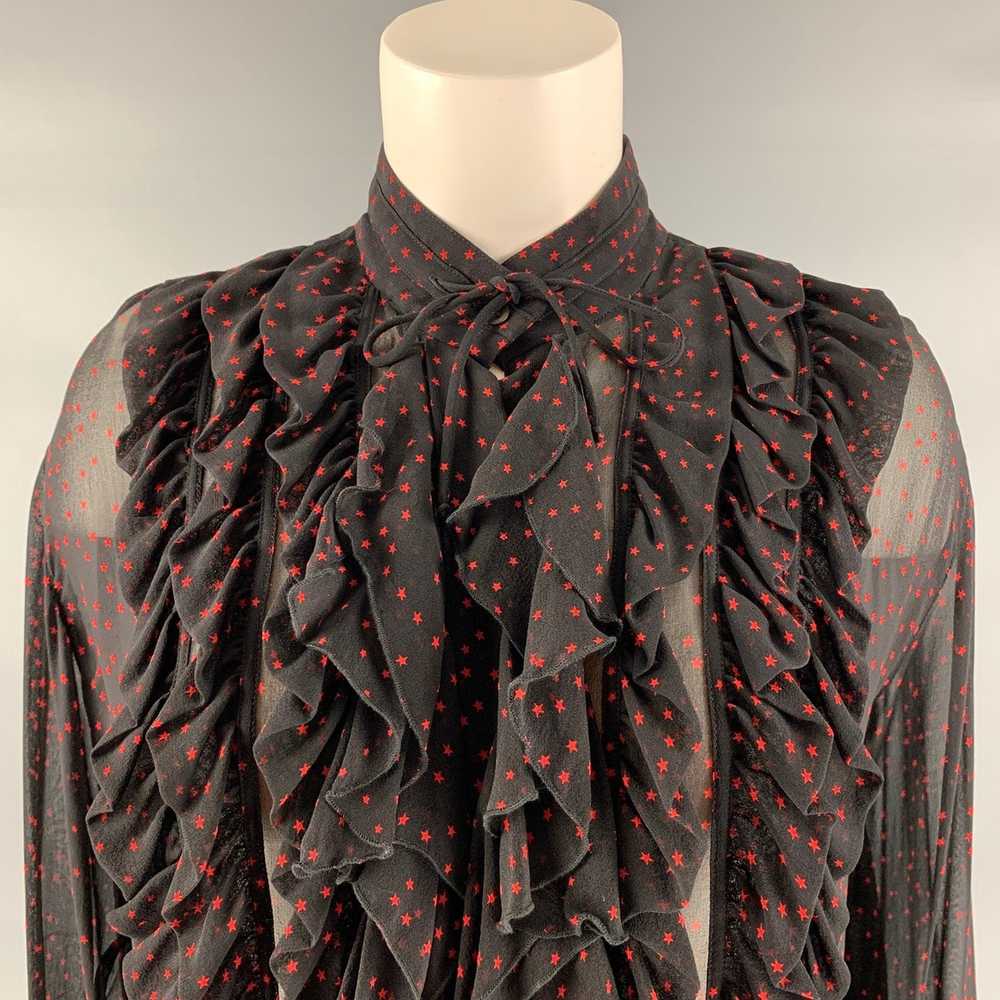 Dries Van Noten Black & Red Silk Stars Ruffle Shi… - image 2