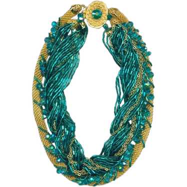 Teal BUGLE BEAD Torsade Style Necklace - image 1