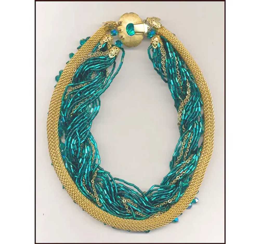 Teal BUGLE BEAD Torsade Style Necklace - image 2