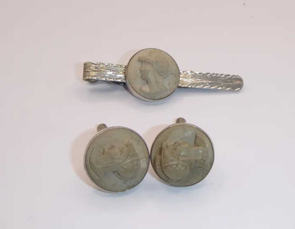 A Vintage Tie bar and Cufflink Set with Lava Came… - image 3