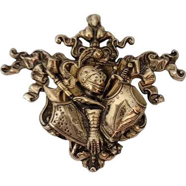 Gold Tone Plated Knights Armor Shield Brooch Pin P