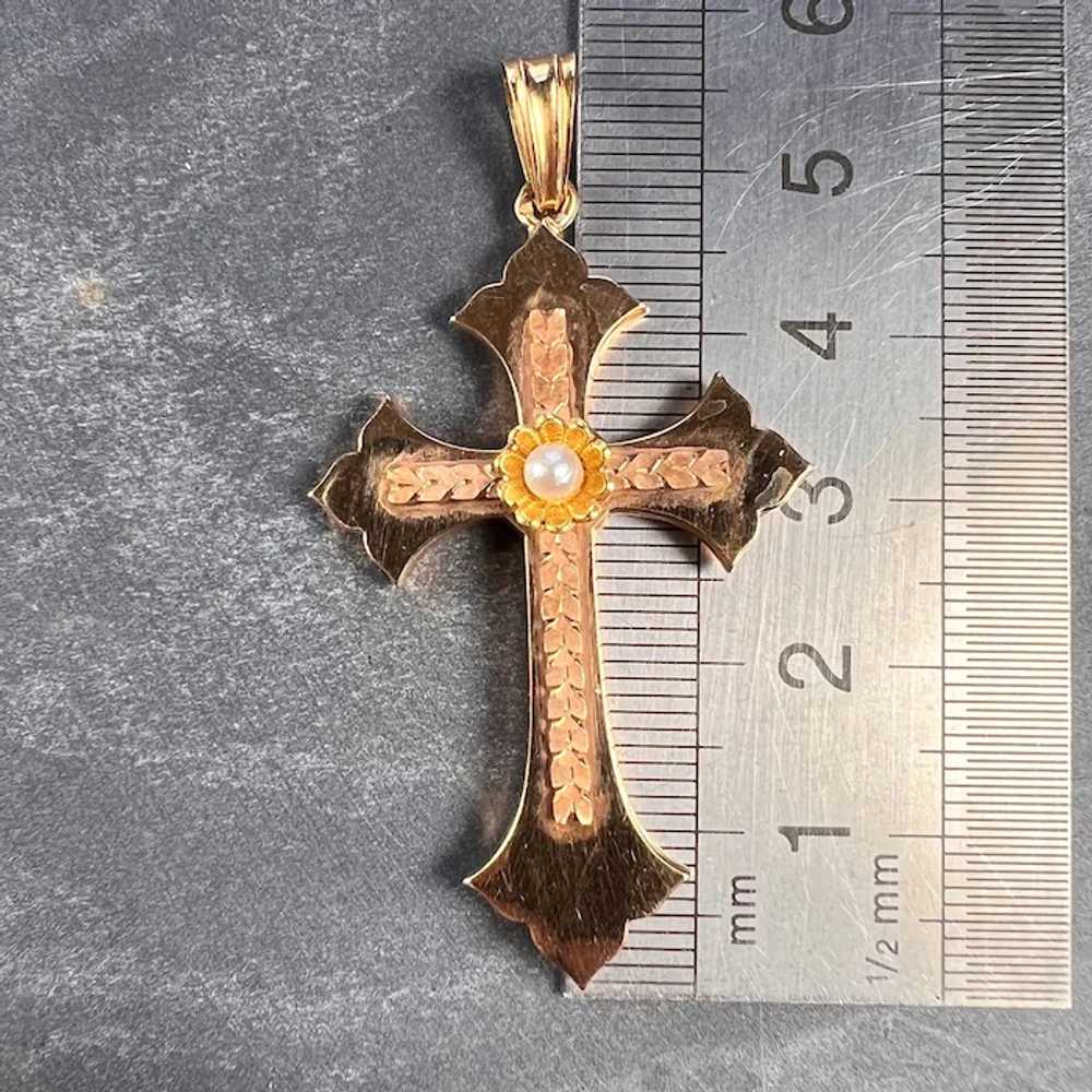 French 18K Rose Yellow Gold Pearl Cross Pendant - image 11