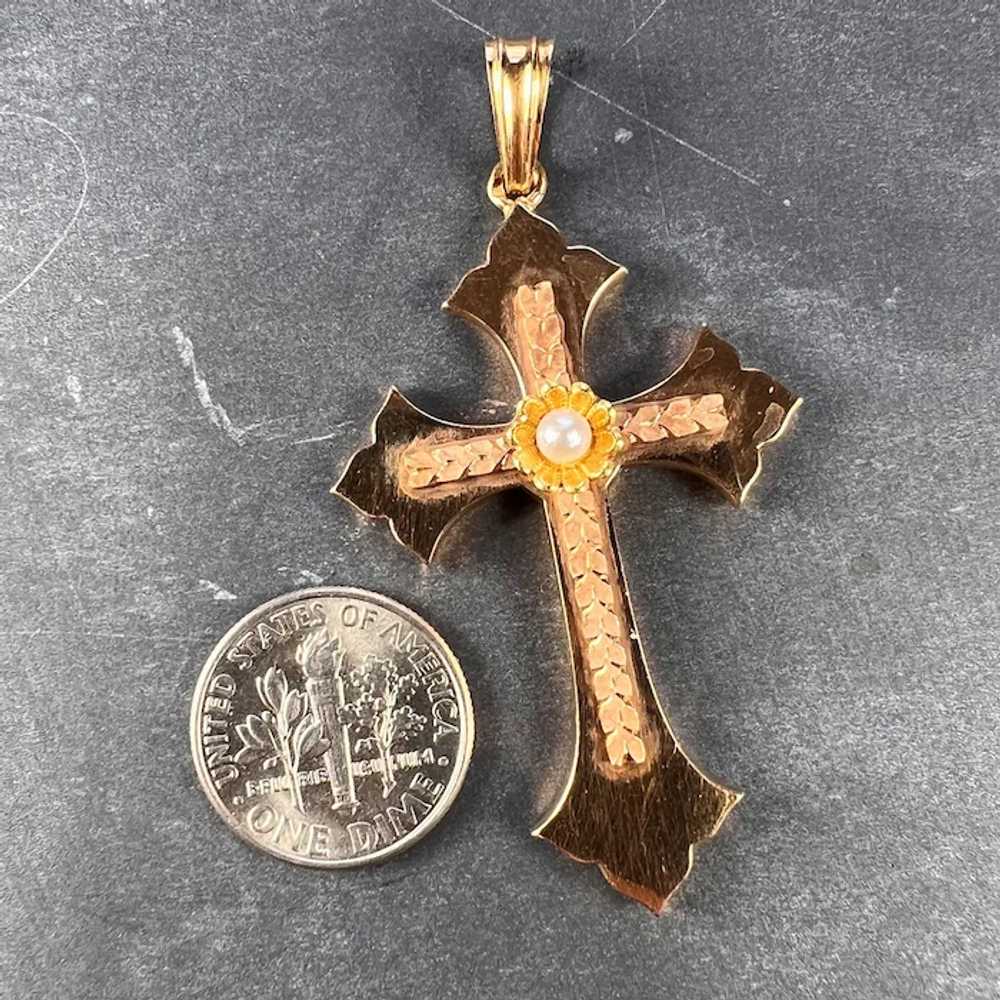 French 18K Rose Yellow Gold Pearl Cross Pendant - image 12