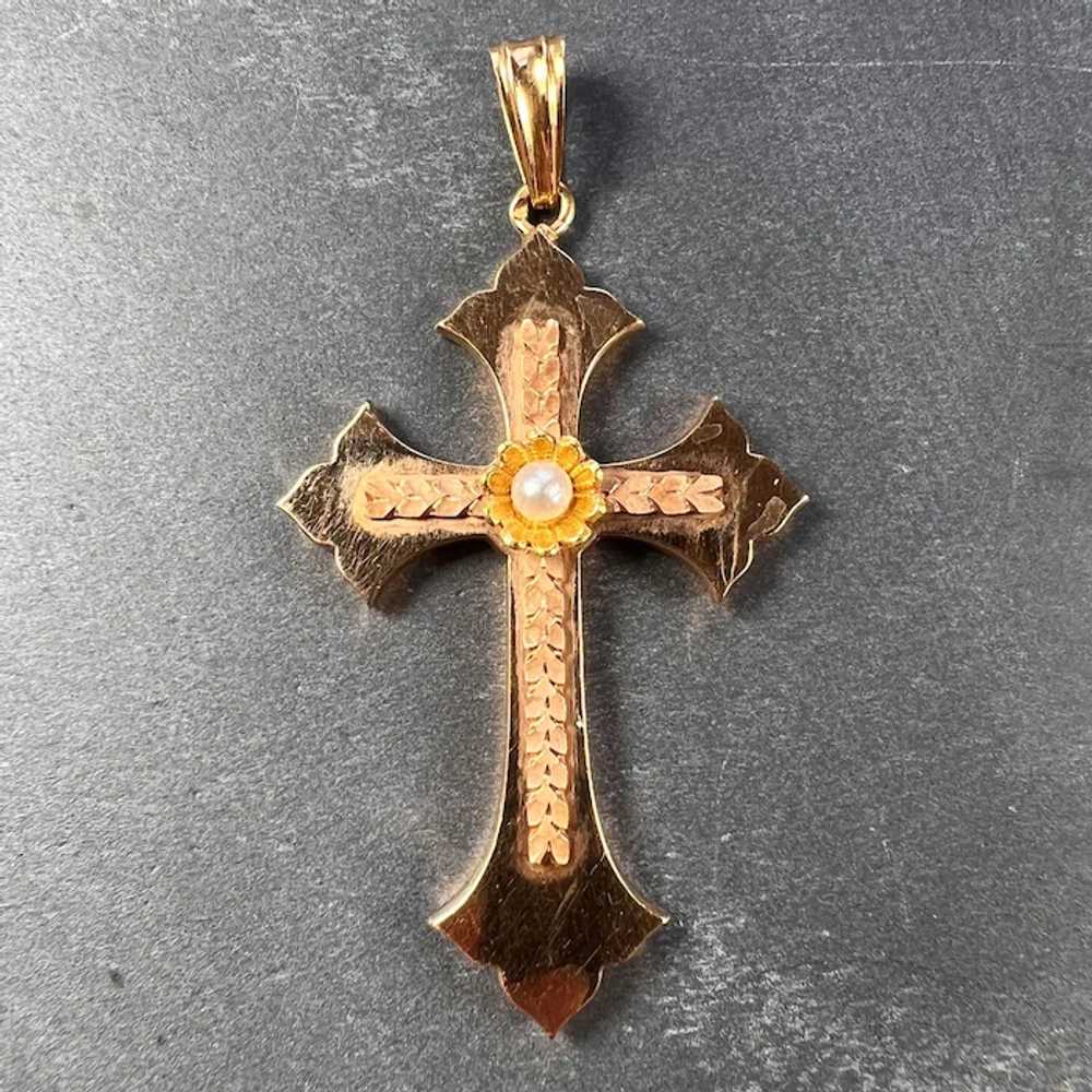 French 18K Rose Yellow Gold Pearl Cross Pendant - image 2