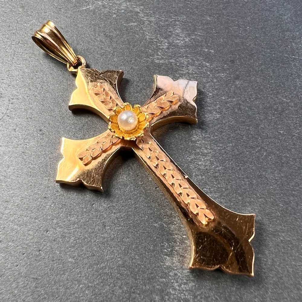 French 18K Rose Yellow Gold Pearl Cross Pendant - image 3