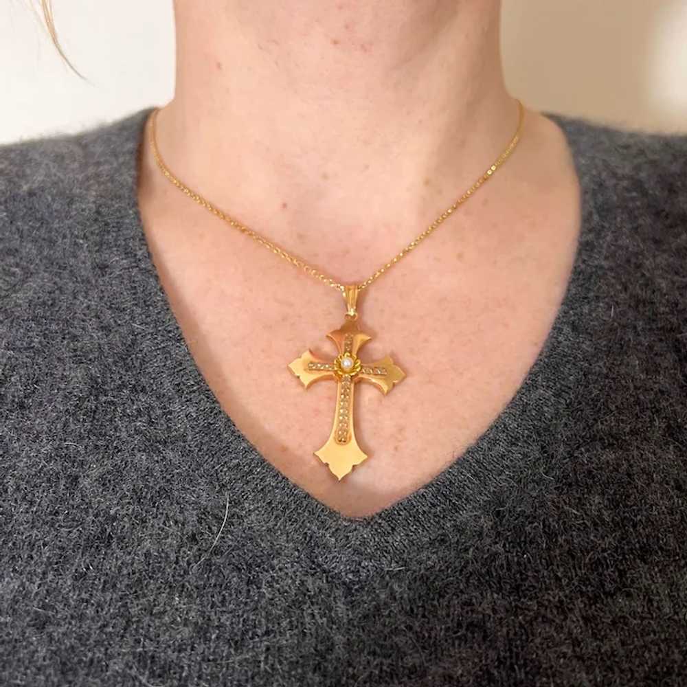 French 18K Rose Yellow Gold Pearl Cross Pendant - image 5