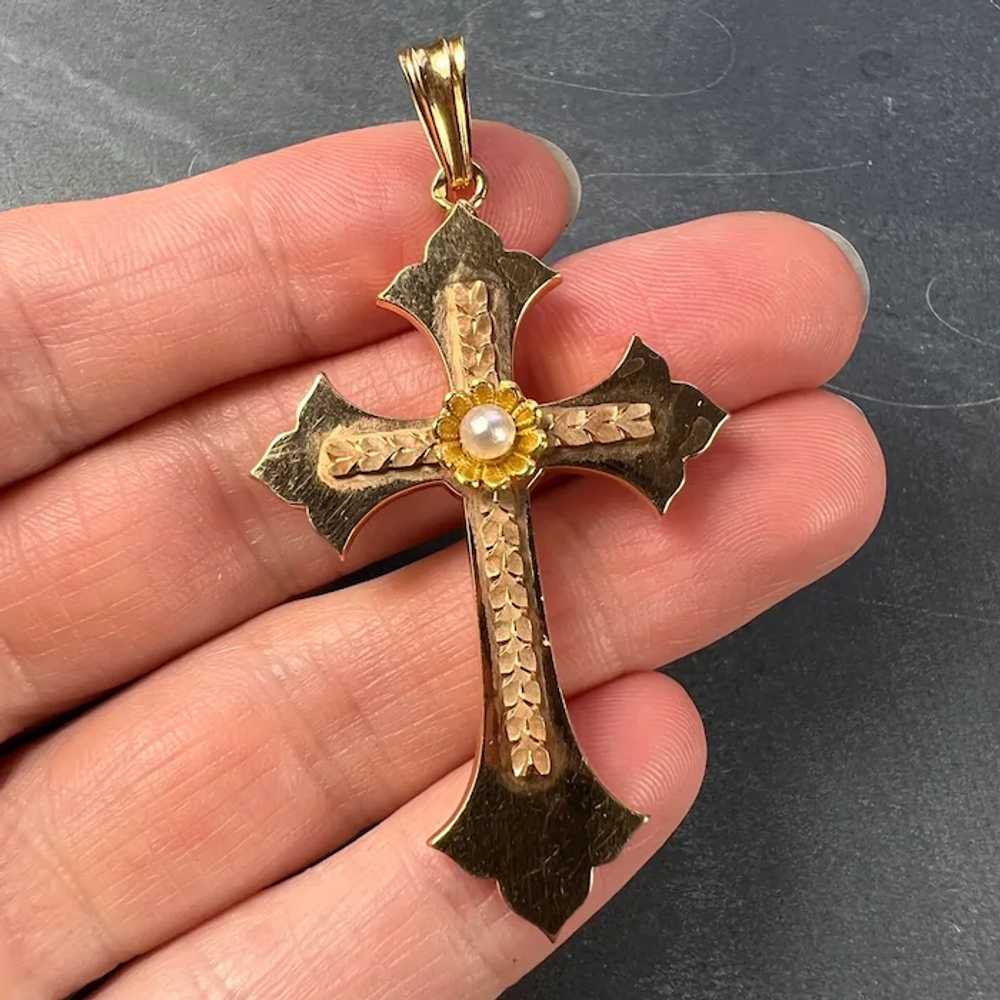 French 18K Rose Yellow Gold Pearl Cross Pendant - image 6