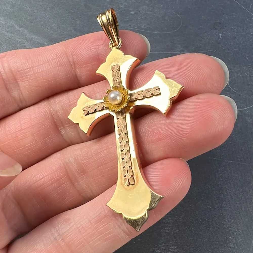French 18K Rose Yellow Gold Pearl Cross Pendant - image 7