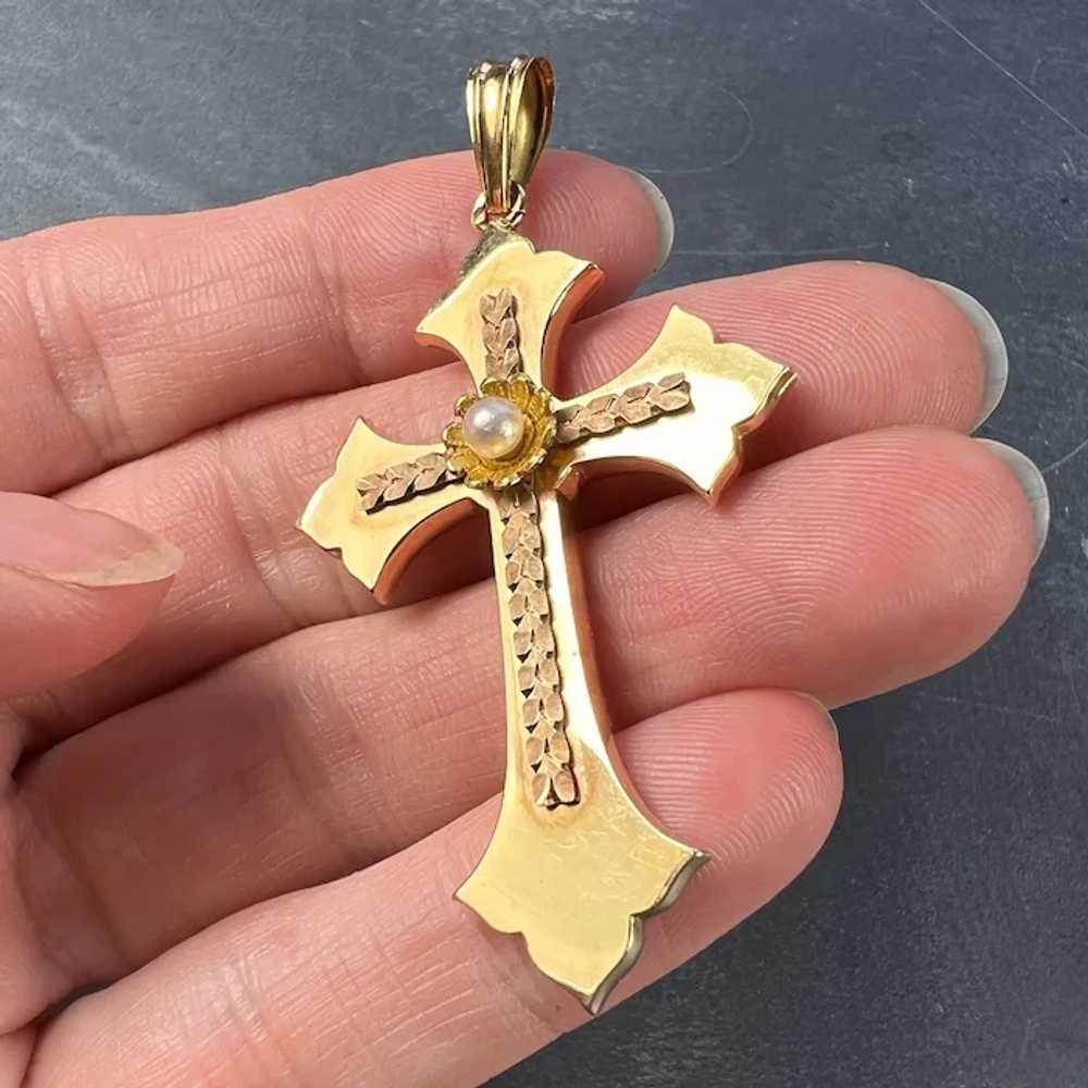 French 18K Rose Yellow Gold Pearl Cross Pendant - image 8