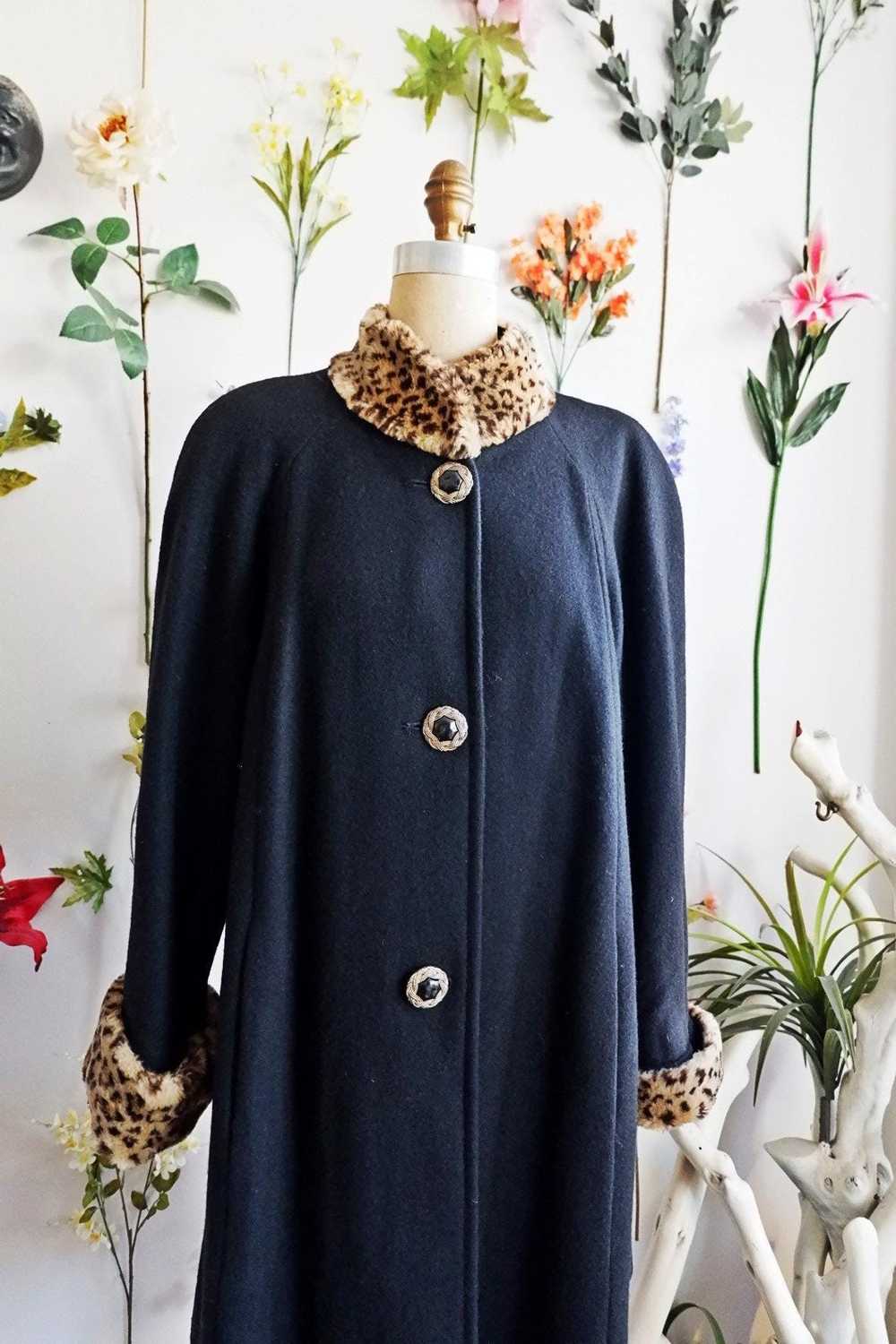 Vintage 80s Faux Leopard Trim Black Wool A-Line W… - image 2