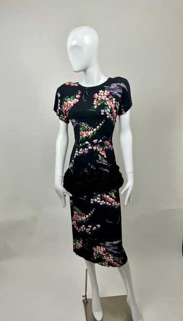 40s Painted Flower Dress With Ruched Taffeta Peplu