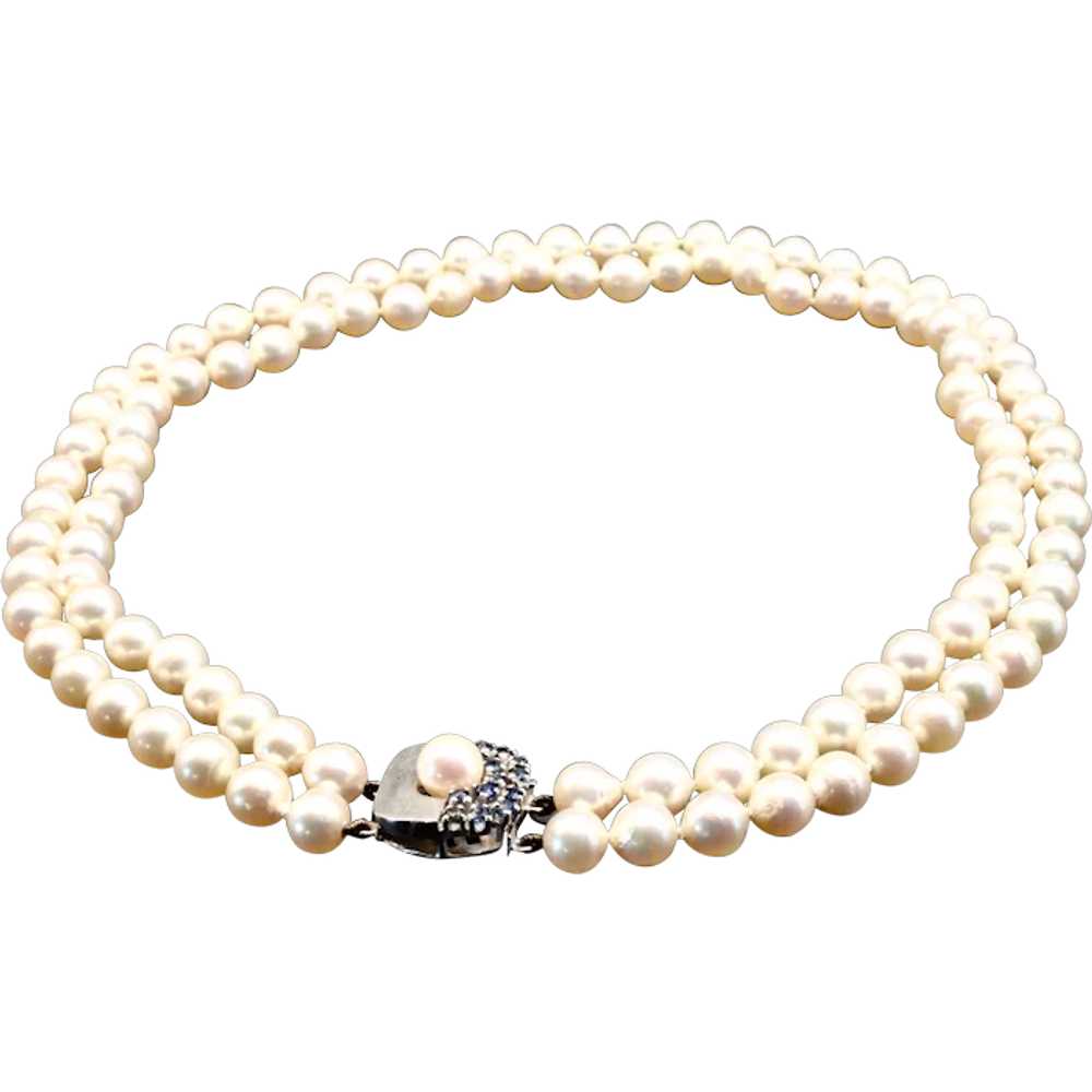 Vintage cultured pearl necklace/18k gold  sapphir… - image 1