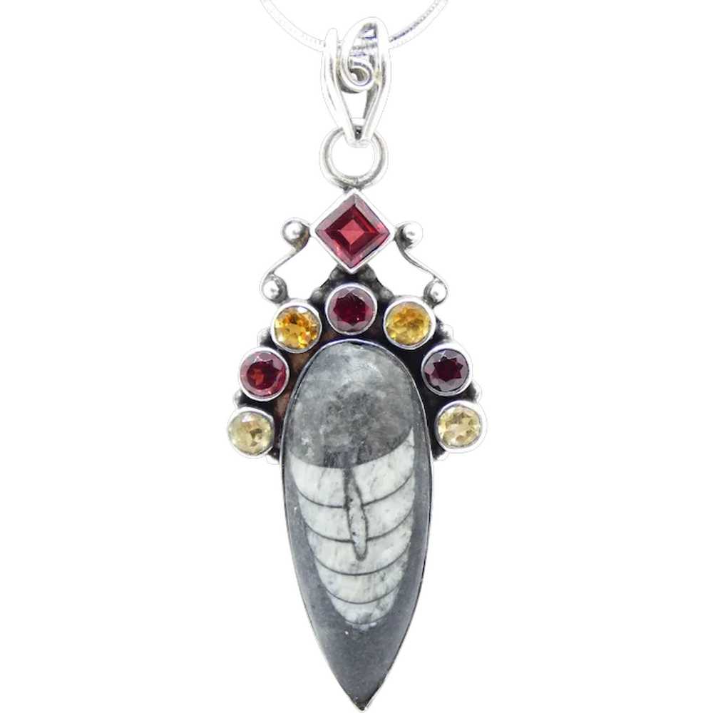 Vintage Sterling Silver Orthoceras Fossil Garnet … - image 1