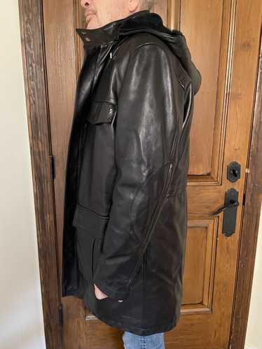 Isaia ISAIA Black Leather and Shearling Hooded Fie