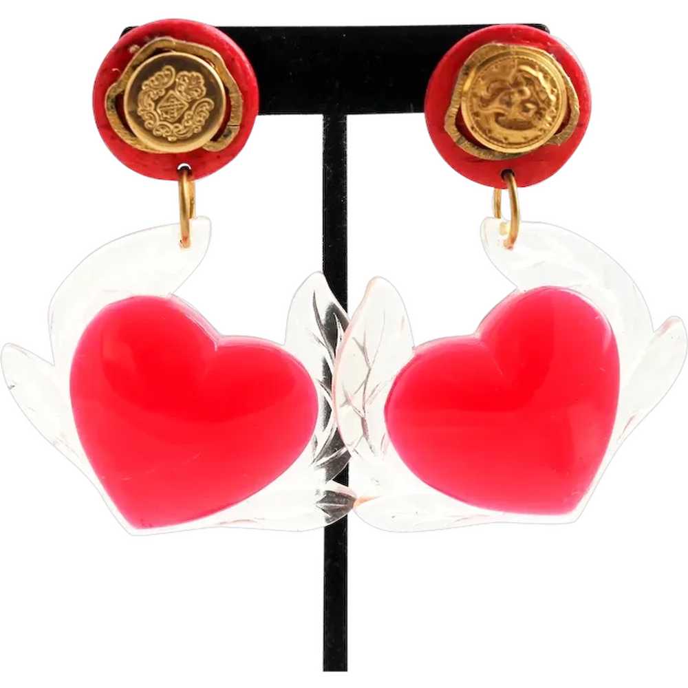 Lucite Clear and Red Heart Dangle Earrings - image 1