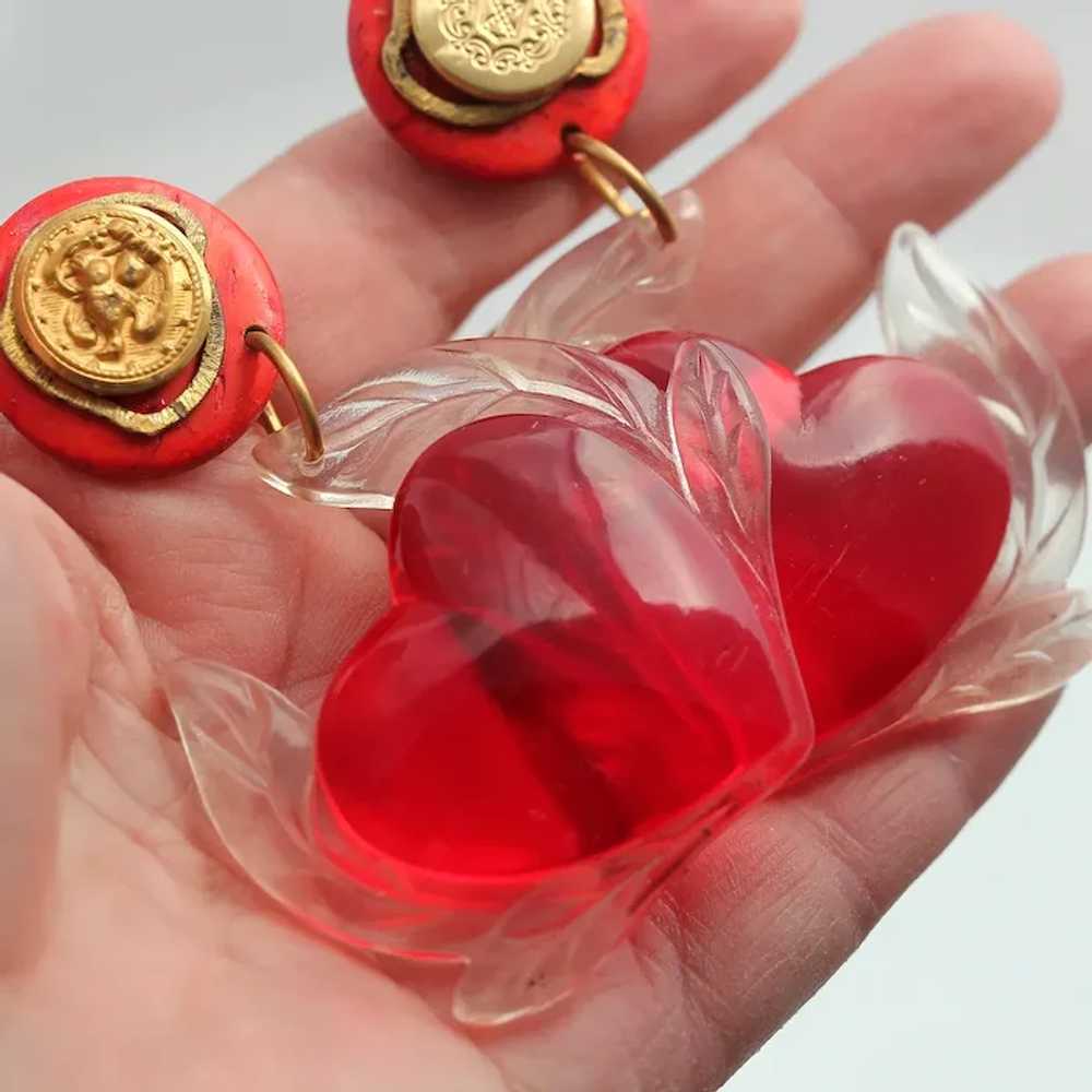 Lucite Clear and Red Heart Dangle Earrings - image 3