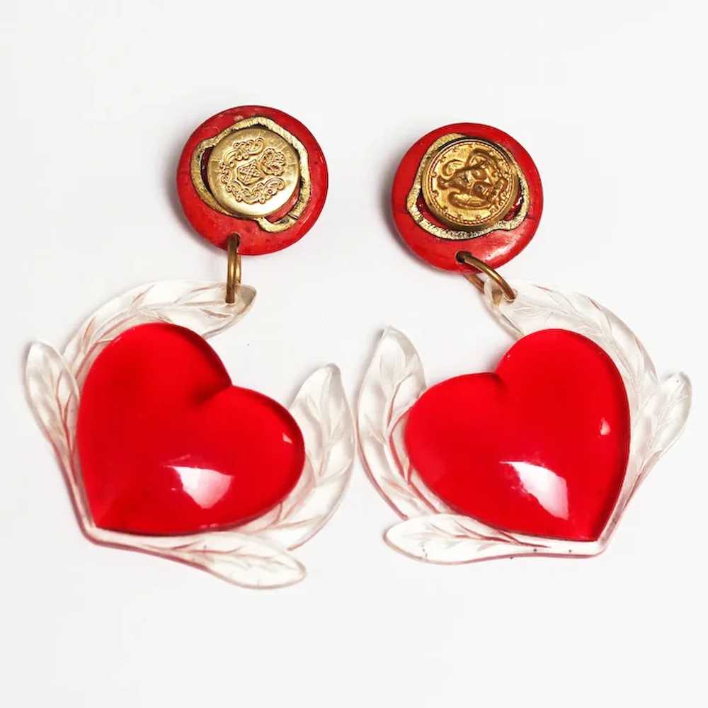 Lucite Clear and Red Heart Dangle Earrings - image 4