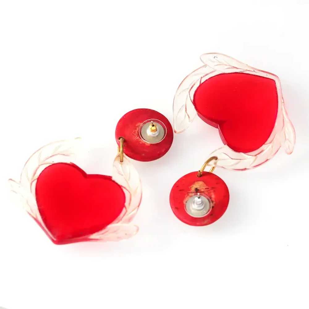 Lucite Clear and Red Heart Dangle Earrings - image 5