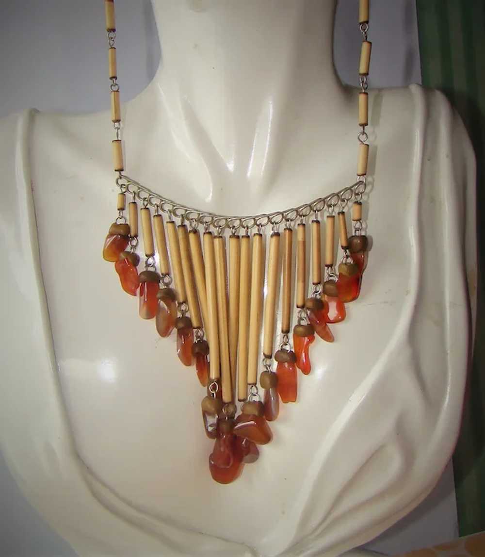 Unique Vintage Handmade bamboo tube beaded Bib ne… - image 2