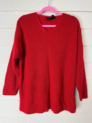 1990s LIZ SPORT CHERRY RED V NECK KNIT SWEATER WI… - image 1