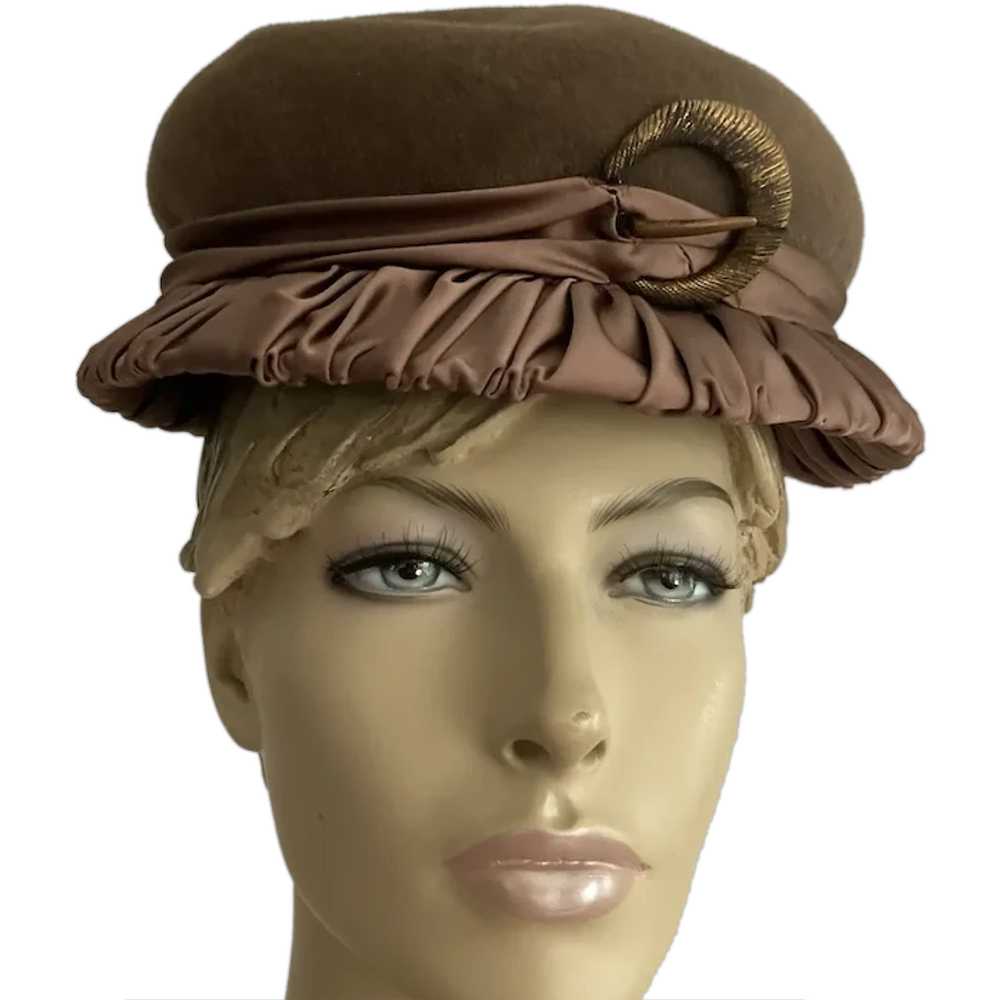 1940's Brown Fur Felt Hat With Mauve Satin Brim W… - image 1