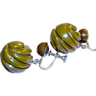 Olive Green DEEPLY CARVED Bakelite BALL Earrings -
