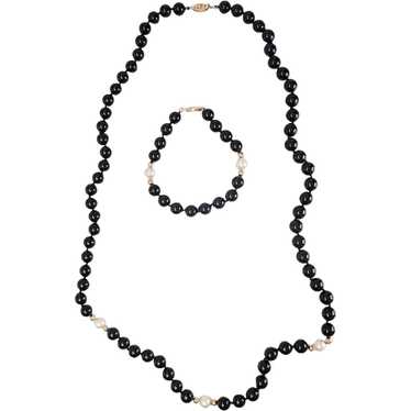 Vintage onyx pearls 14k gold long necklace and br… - image 1