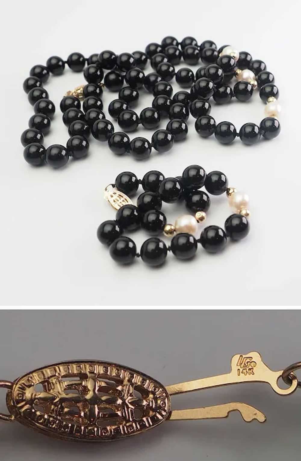 Vintage onyx pearls 14k gold long necklace and br… - image 2