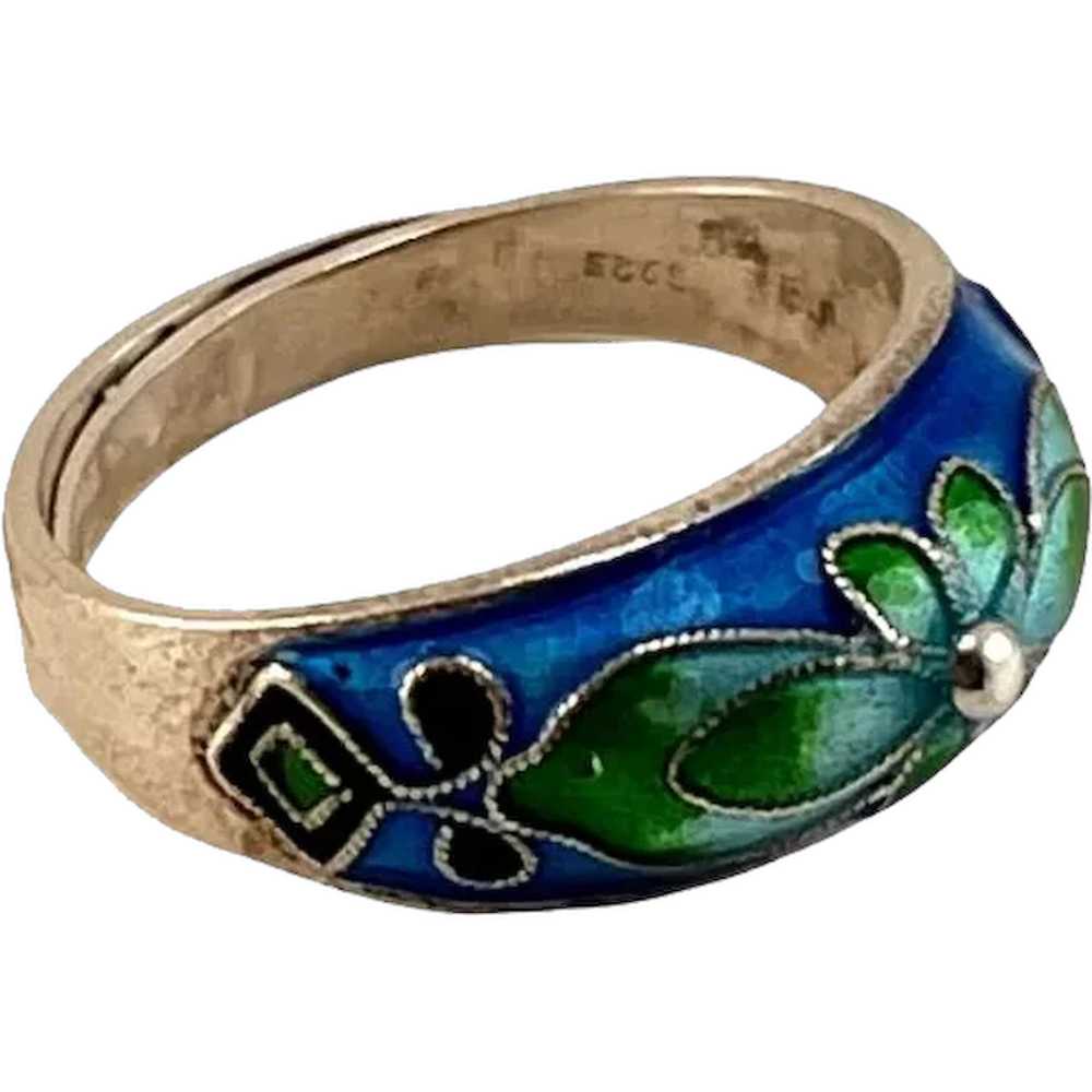 Enamel and Sterling Blue Green Flower Motif Ring - image 1