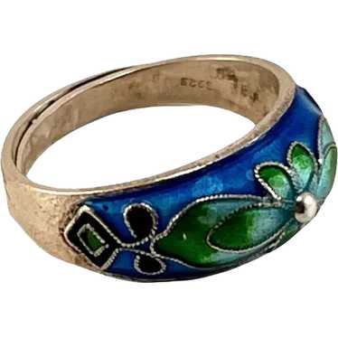 Enamel and Sterling Blue Green Flower Motif Ring - image 1