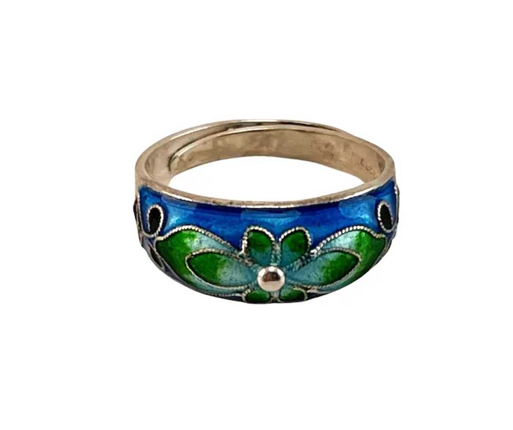 Enamel and Sterling Blue Green Flower Motif Ring - image 2