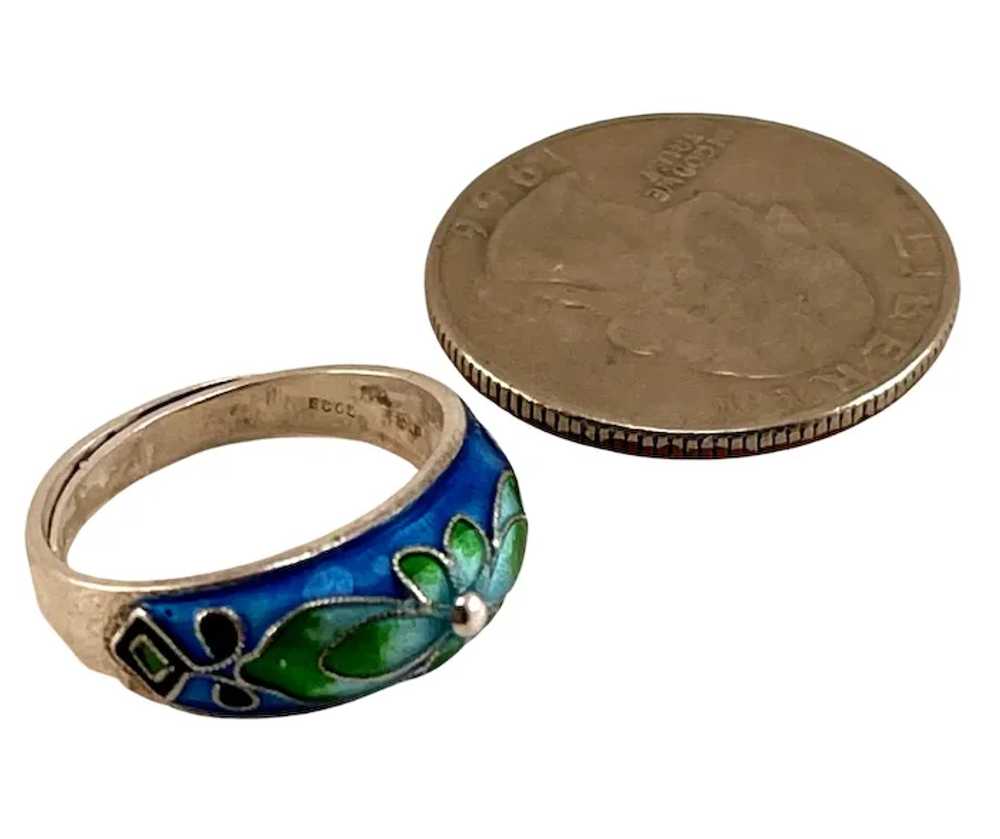 Enamel and Sterling Blue Green Flower Motif Ring - image 3