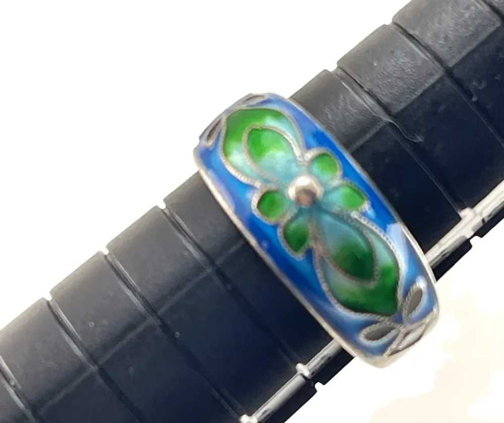 Enamel and Sterling Blue Green Flower Motif Ring - image 6