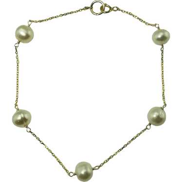 Vintage 14 Karat Yellow Gold and Pearl Station Br… - image 1