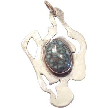 Modernist Sterling Silver Green Turquoise Pendant - image 1