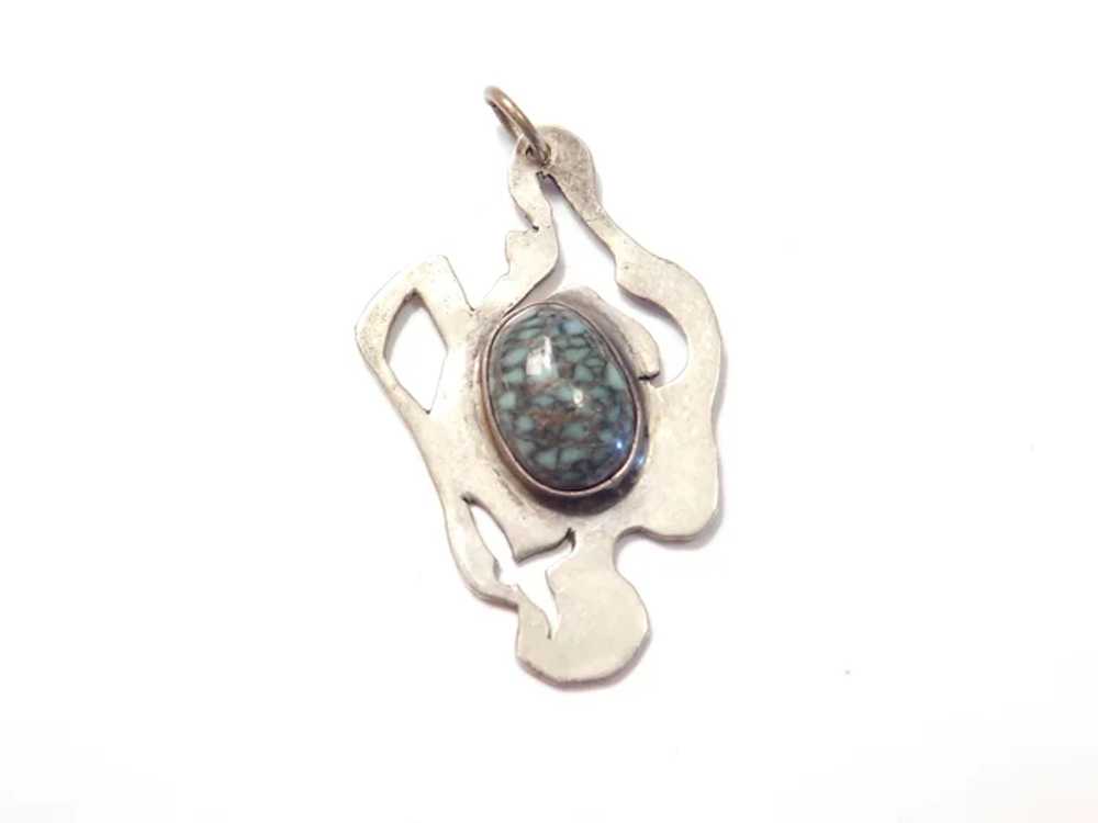 Modernist Sterling Silver Green Turquoise Pendant - image 2