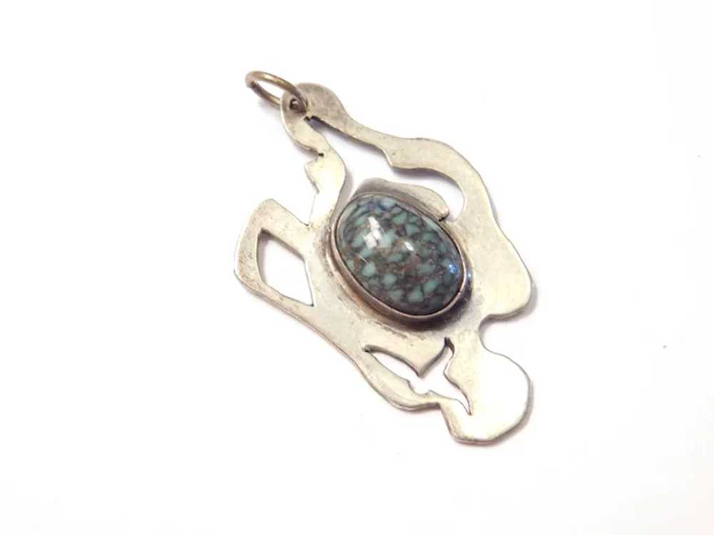 Modernist Sterling Silver Green Turquoise Pendant - image 3