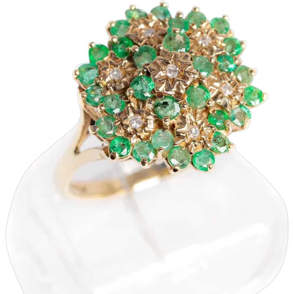 9ct Gold Emerald & Diamond Ring Large Cocktail Cl… - image 1