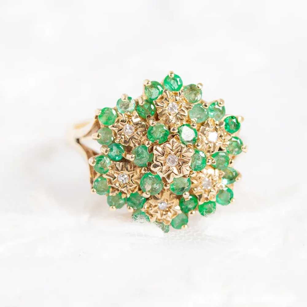 9ct Gold Emerald & Diamond Ring Large Cocktail Cl… - image 3