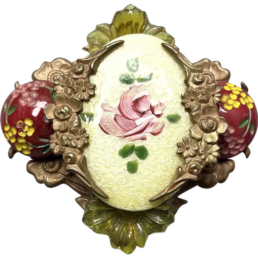 Vintage Guilloche Enamel Floral Brooch Pin - image 1