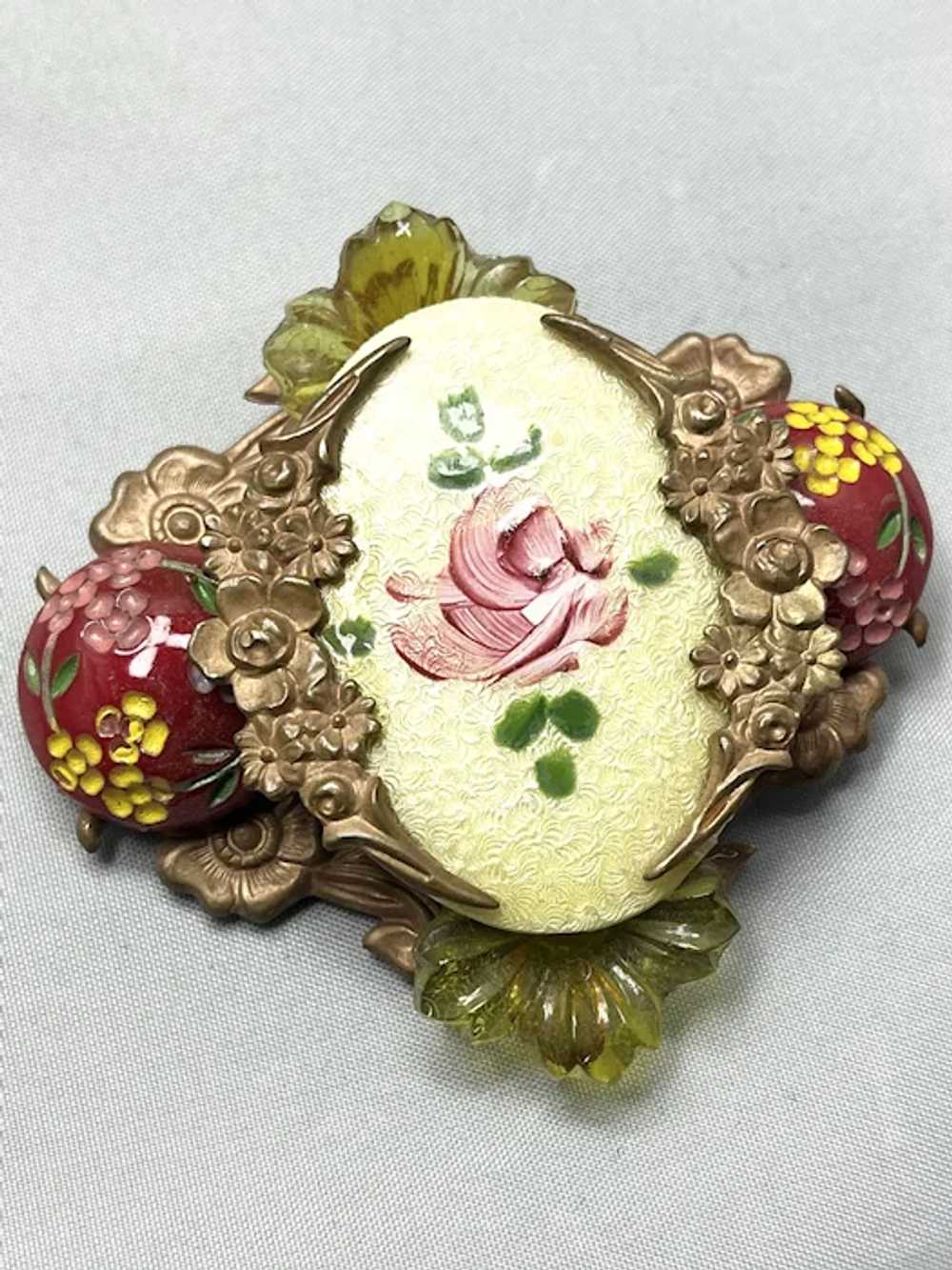 Vintage Guilloche Enamel Floral Brooch Pin - image 2