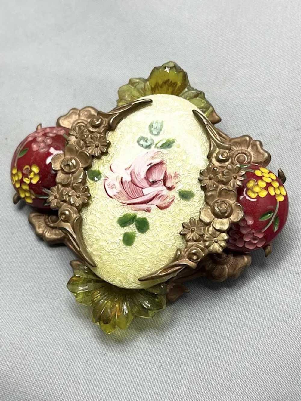 Vintage Guilloche Enamel Floral Brooch Pin - image 4