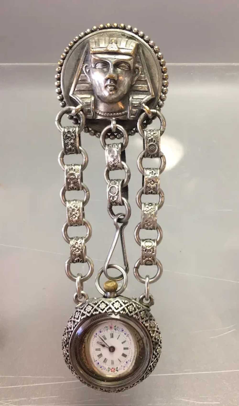 Egyptian Silver Chatelaine Watch Holder Antique 1… - image 2