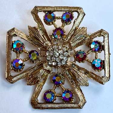 1960s Unsigned Maltese Cross Rhinestone Brooch - image 1