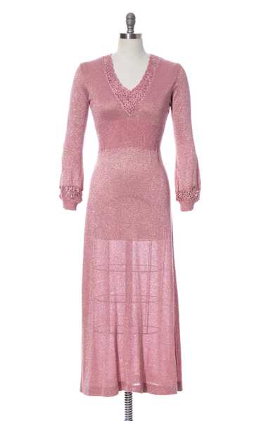 1970s Metallic Pink Knit & Crochet Sweater Dress |