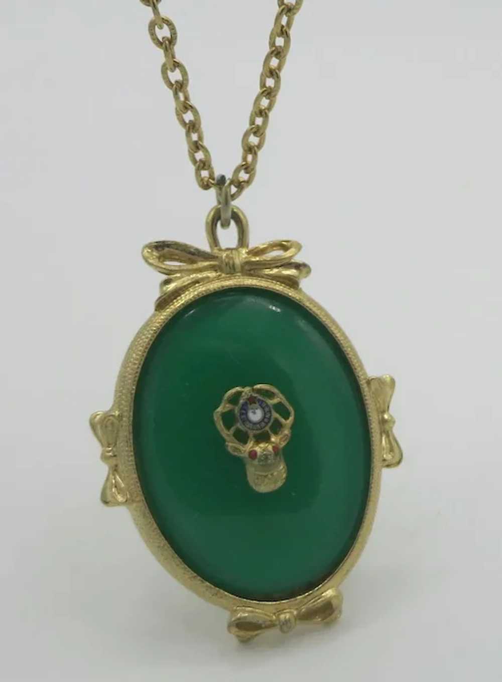 Jade Green Lucite Gold tone Bow Pendant w/ BPOE E… - image 2