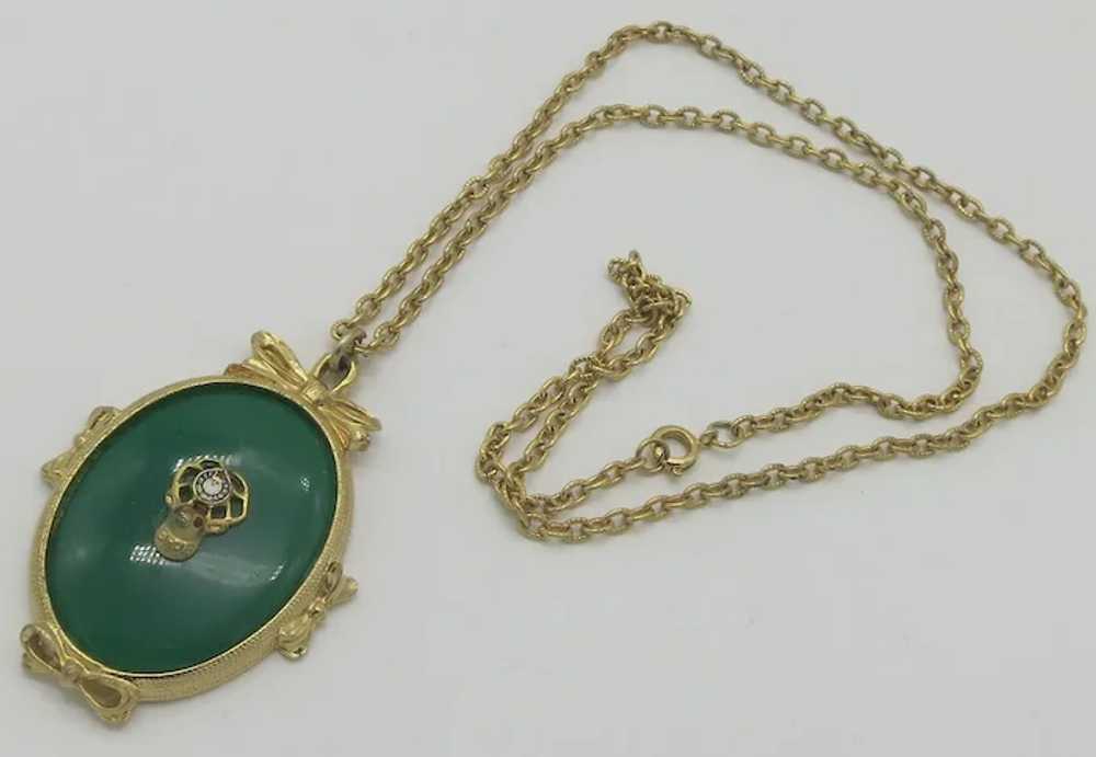 Jade Green Lucite Gold tone Bow Pendant w/ BPOE E… - image 3